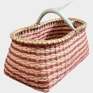 Large Handwoven Wicker Basket with Antler Handle Rustic Decor Red Striped
